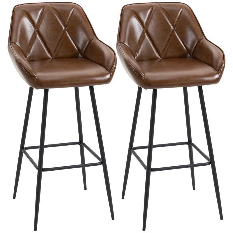 Retro Bar Stools Set of 2 - Stylish Breakfast Bar Chairs with Footrest, Steel Legs, Perfect for Kitchen & Home Bar, Brown