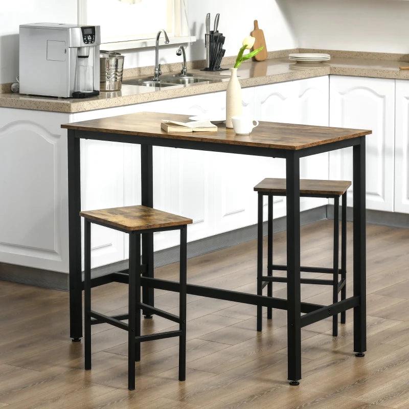 Rustic Brown 3-Piece Bar Table Set - 120x60cm Breakfast Table with 2 Stools for Kitchen & Living Room
