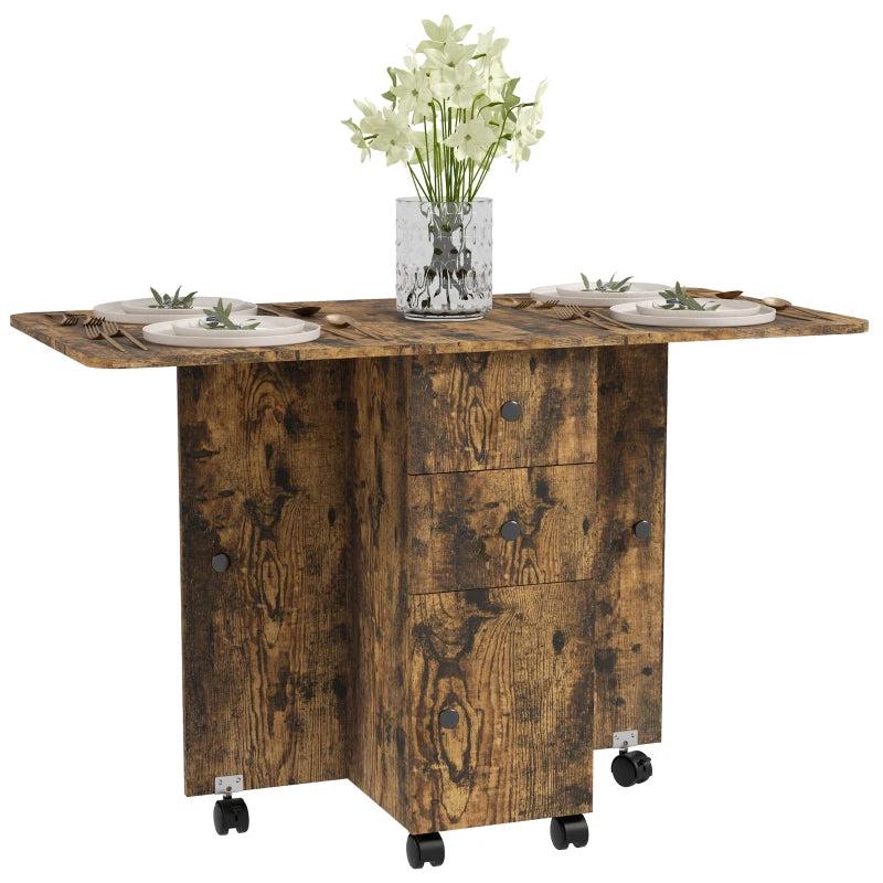Rustic Brown Multi-Storage Drop Leaf Dining Table for Six - Space-Saving Design, Perfect for Family Gatherings