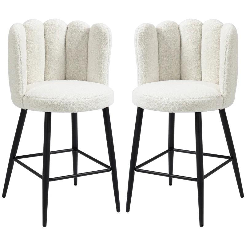 Set of 2 Modern Bar Stools - Faux Cashmere Upholstered Kitchen Chairs with Backs, Footrest & Steel Base in Cream