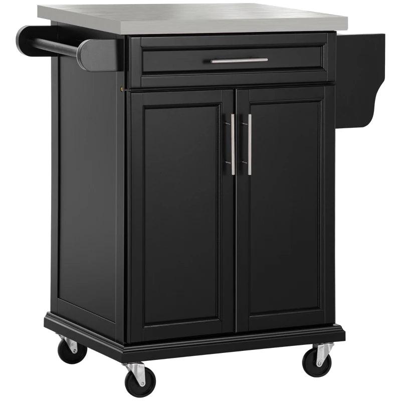 Wooden Kitchen Island on Wheels - Black Serving Cart with Stainless Steel Top, Drawer, Side Handle & Storage Rack