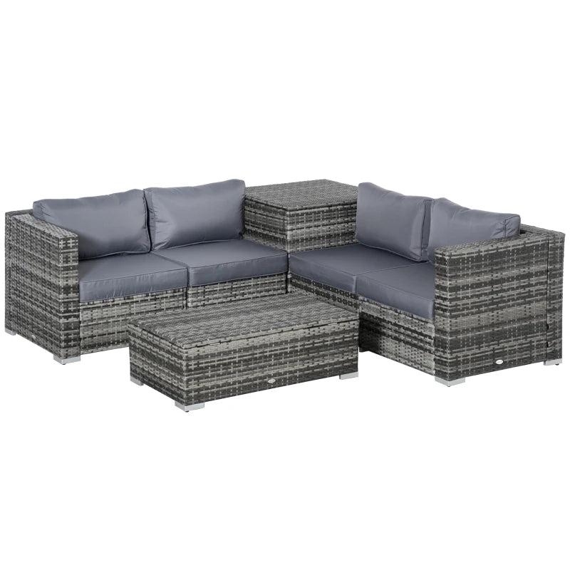4 Seater Mixed Grey Corner Rattan Sofa With Glass Top Table and Storage Unit