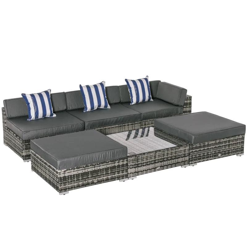 6 Piece Rattan Sofa & Coffee Table Set With Grey Pillow Cushions
