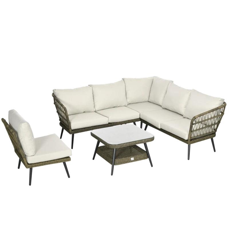 6-Seater Rattan Corner Sofa With Rounded Edges And Tempered Glass Two-tier Table
