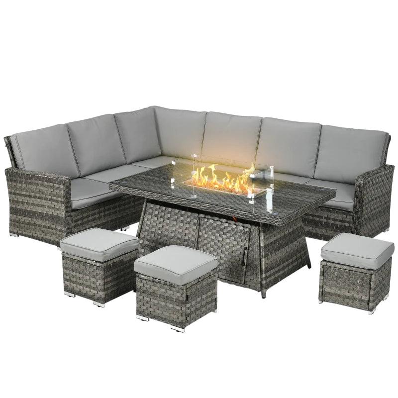 6 Seater Rattan Sofa With Fire Table - Grey