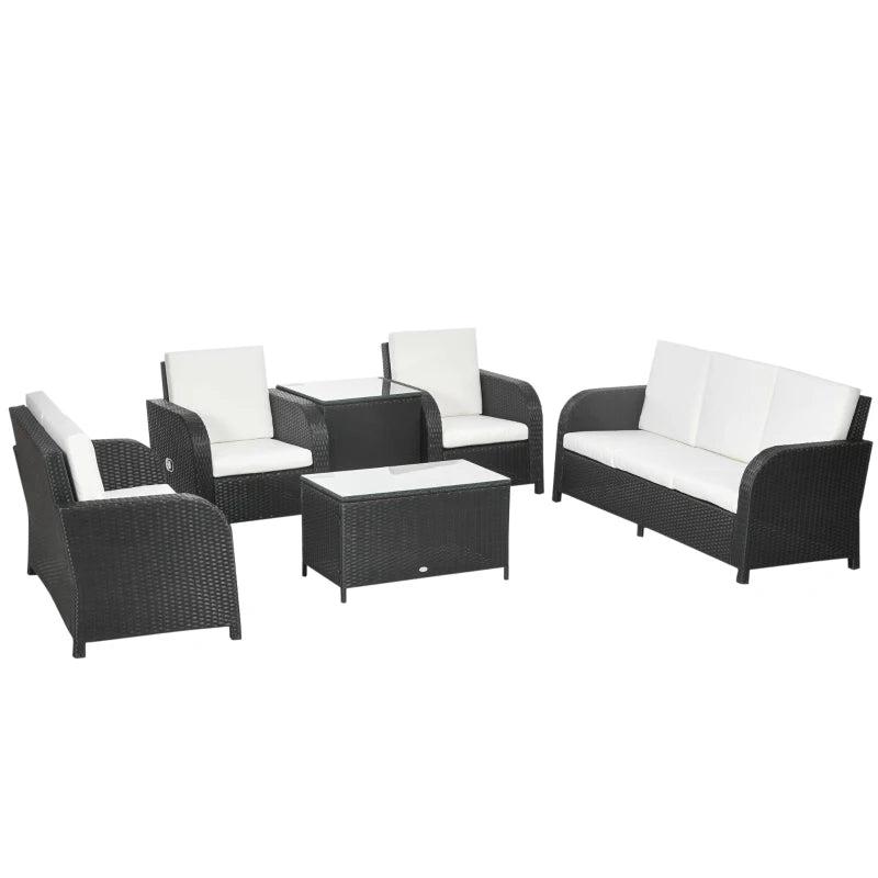 Black 7 Seater Rattan Furniture Set with Wicker Sofa, Reclining Armchair and Glass Table