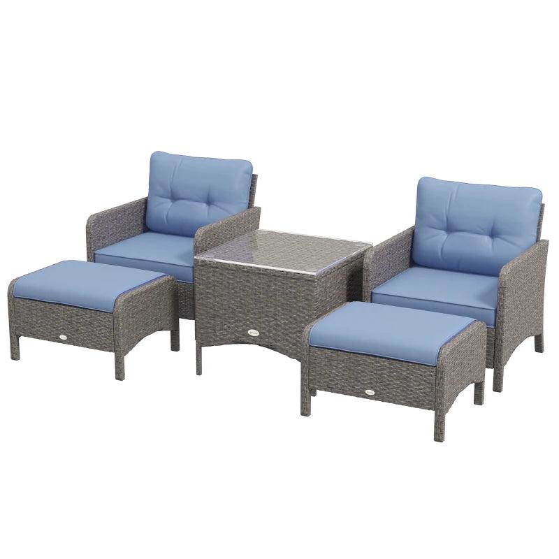 Blue 5 Piece Rattan Chair Set - 2 Armchairs & 2 Stools With Glass Top Table