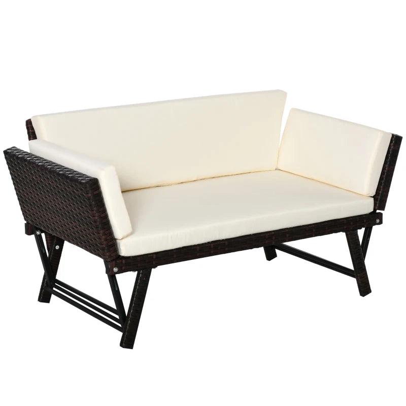 Brown 2-Seater 2-in-1 Rattan Convertible Sofa Daybed