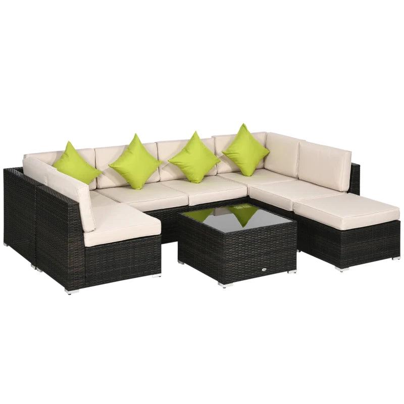 Brown 7-Seater Rattan Corner Sofa Set, Garden Furniture Set & Tempered Glass Table