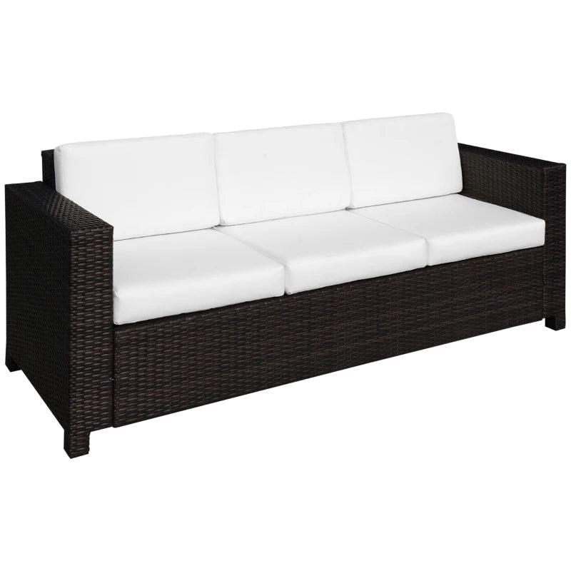 Dark Brown 3 Seater Rattan Sofa With White Cushions