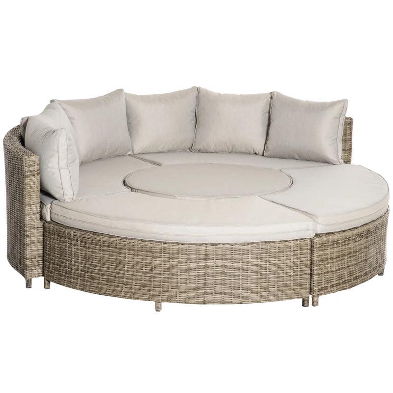 Grey 5 Piece Rattan Daybed with Cushions & Liftable Coffee Table + Protective Cover