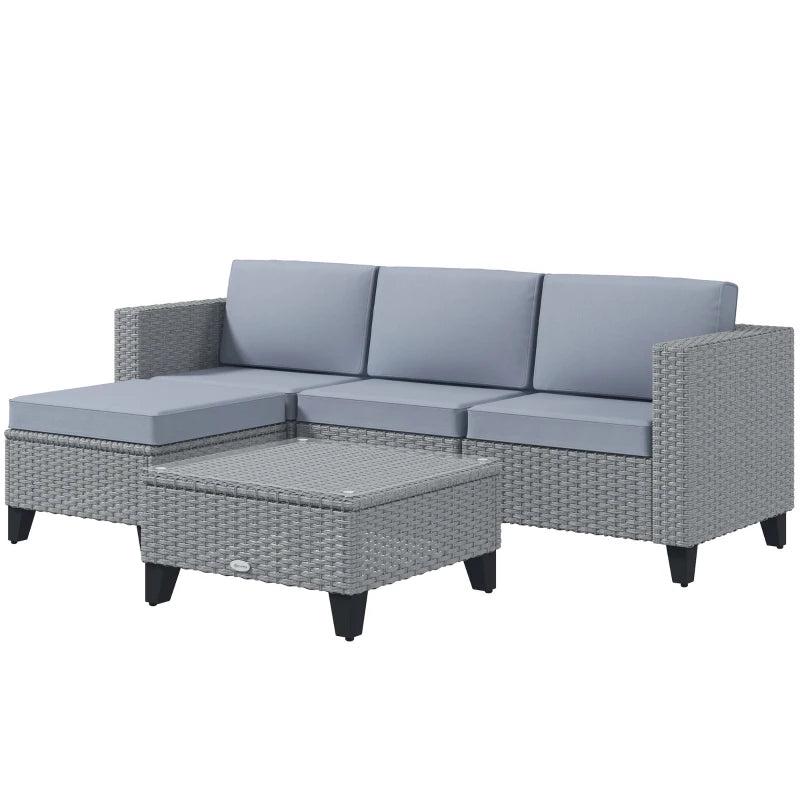 Grey 5-Piece Rattan Set with Corner Sofa, Footstools & Coffee Table