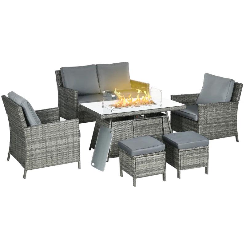 Grey 6 Seater Rattan Furniture Set With Fire Pit Table - Wicker Loveseat, 2 Armchairs and 2 Footstools Included