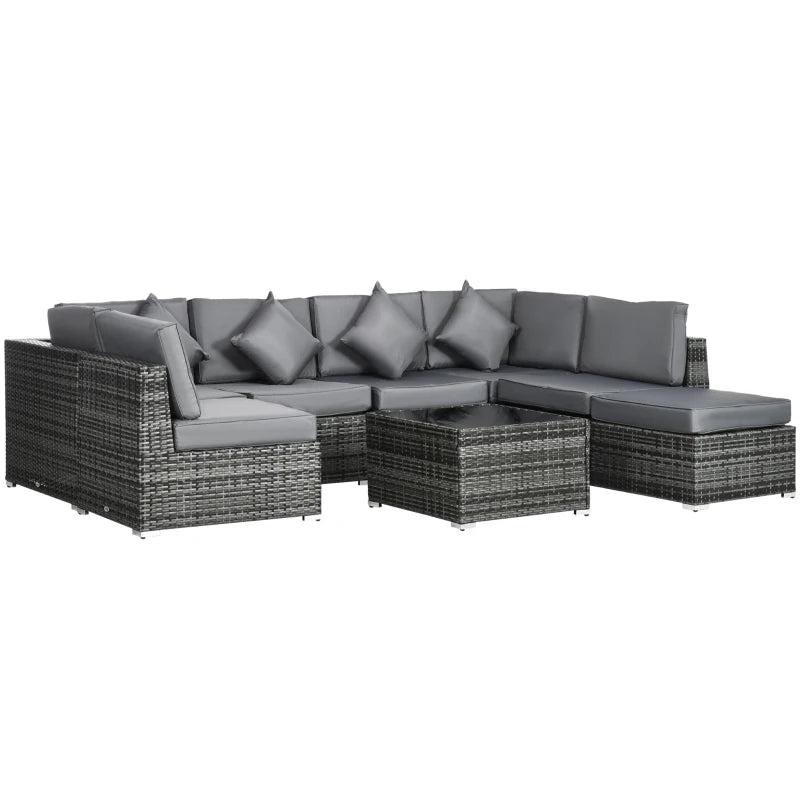 Grey 8 Piece Rattan Corner Sofa Set With Washable Cushion Covers & Tempered Glass Table