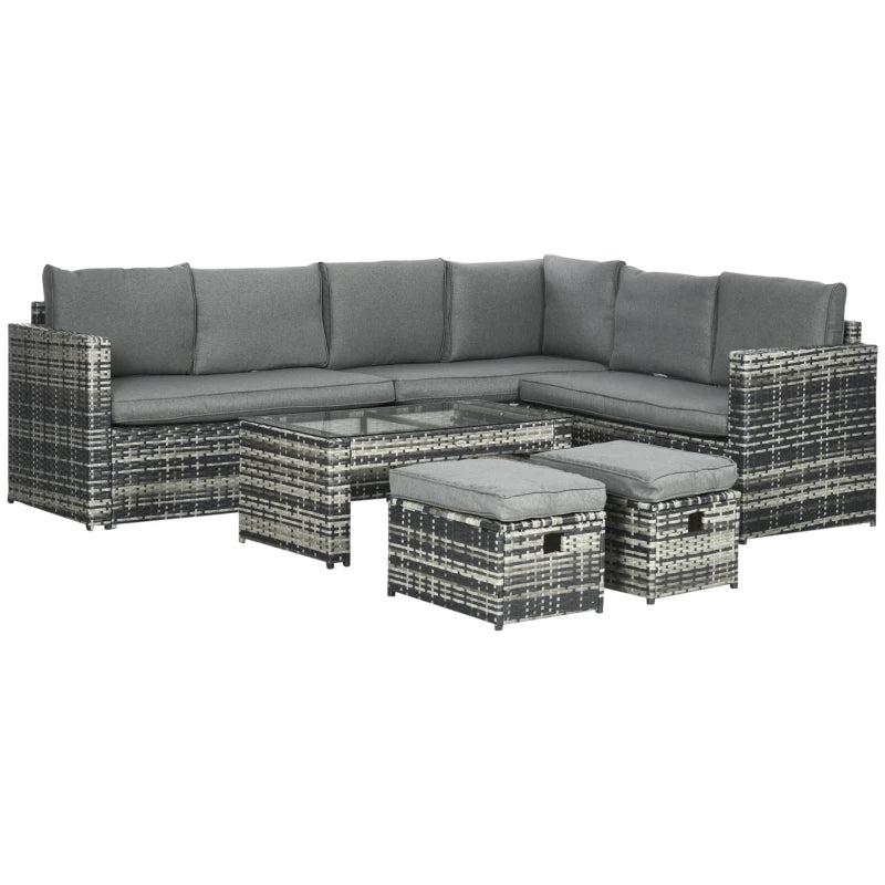 Grey 8-Seater Rattan Corner Sofa with 3 Cushioned Loveseats + 2 Footstools and Table