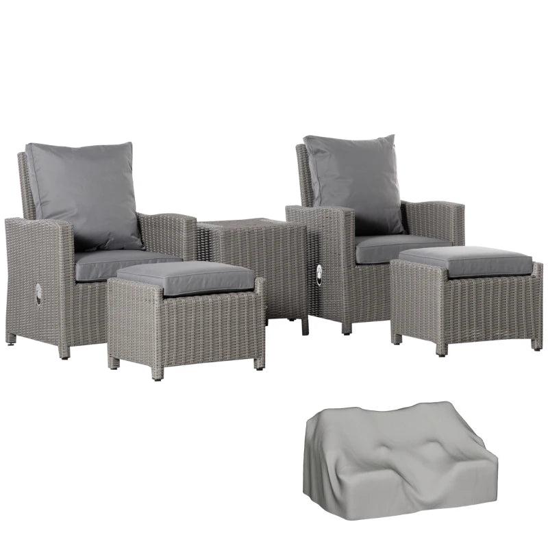 Grey Adjustable Rattan Chairs With x2 Footstools and Cooler Bar Coffee Table & Cover