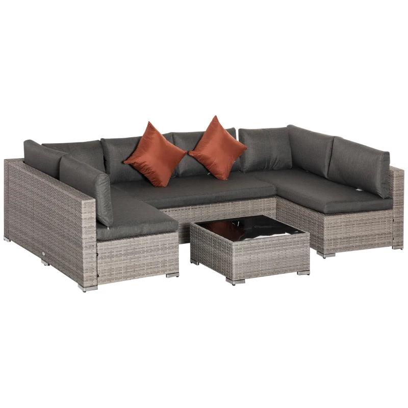 Grey Four-Piece 6 Seater Rattan Corner Sofa Set With Red Cushions