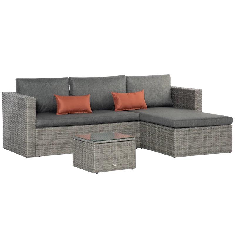Grey L-Shaped 3 Seater Sofa With Grey Cushions and Glass Top Coffee Table