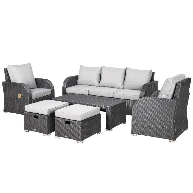 Light Grey 7 Seater Rattan Sofa, Coffee Table & Footstools
