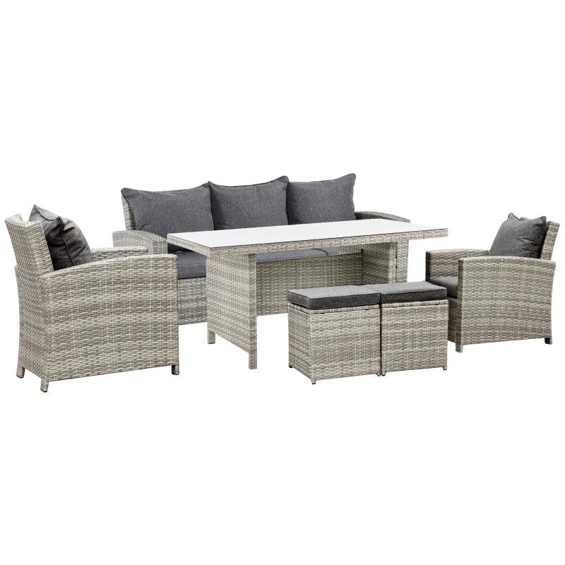Rattan Garden Furniture Set with Three-seats, Armchairs, Footstools and Glass Top Dining Table