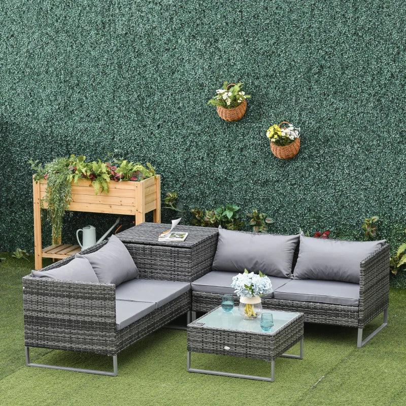 x2 Mixed Grey Rattan Sofas With Grey Cushions and Table Set with Side Storage - For Corner & Patio