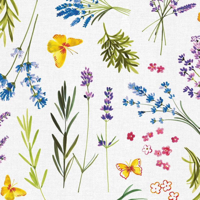 Revtement de table avec motifs de feuillage, fleurs et papillons, 55'' x 65' (vendu au pied linaire)