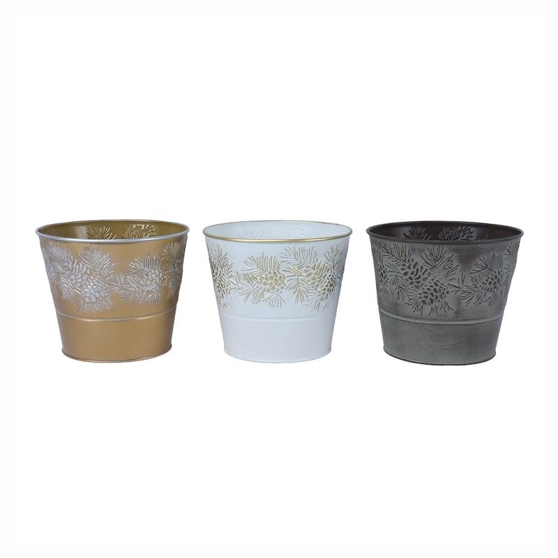 Pot en mtal avec pommes de pin en relief, 5,1" (choix entre 3 couleurs)