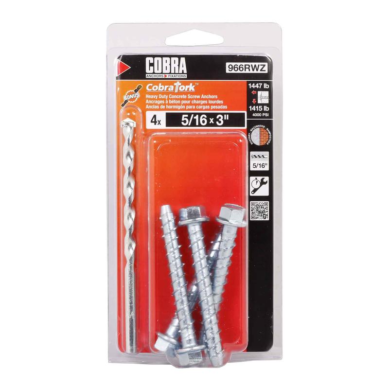 Vis d'ancrage plaqu zinc pour bton CobraTork de 5/16" x 3", 4 units