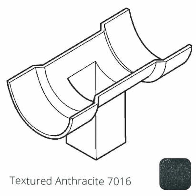 Alumasc 75x75 (3x3") square outlet Cast Aluminium Half Round 100mm (4") Gutter Running Outlet - Double Socket - Textured 7016 Anthracite