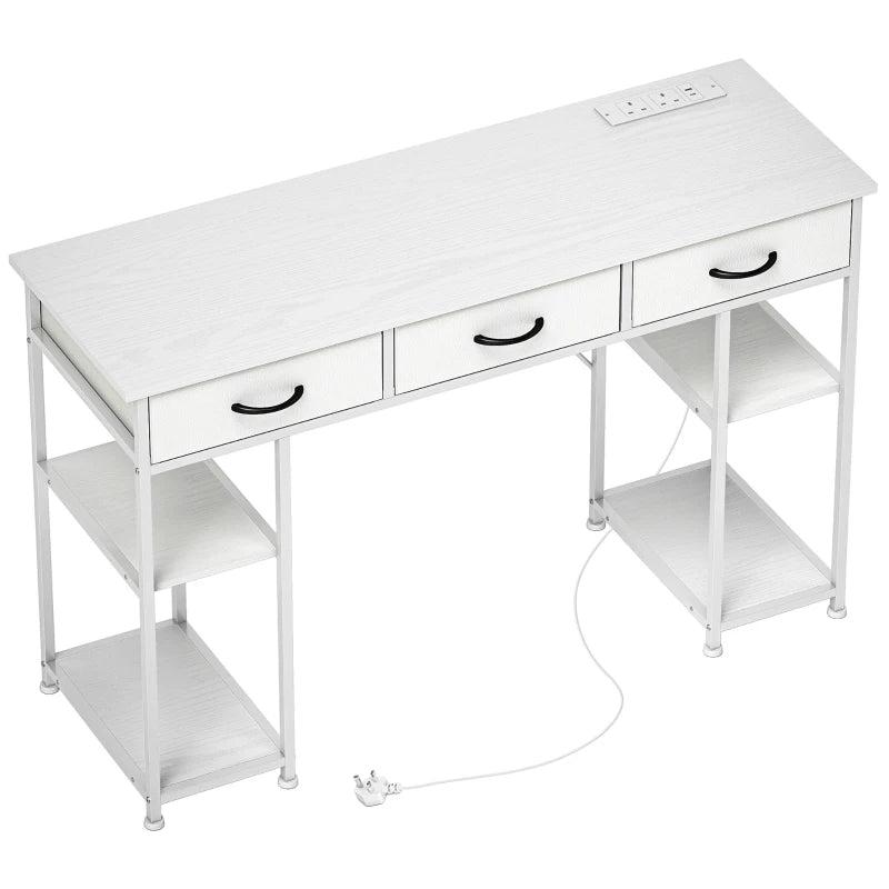 120cm White Computer Desk with Power Outlets, 3 Fabric Drawers & 4 Storage Shelves - Ideal Office Study Table