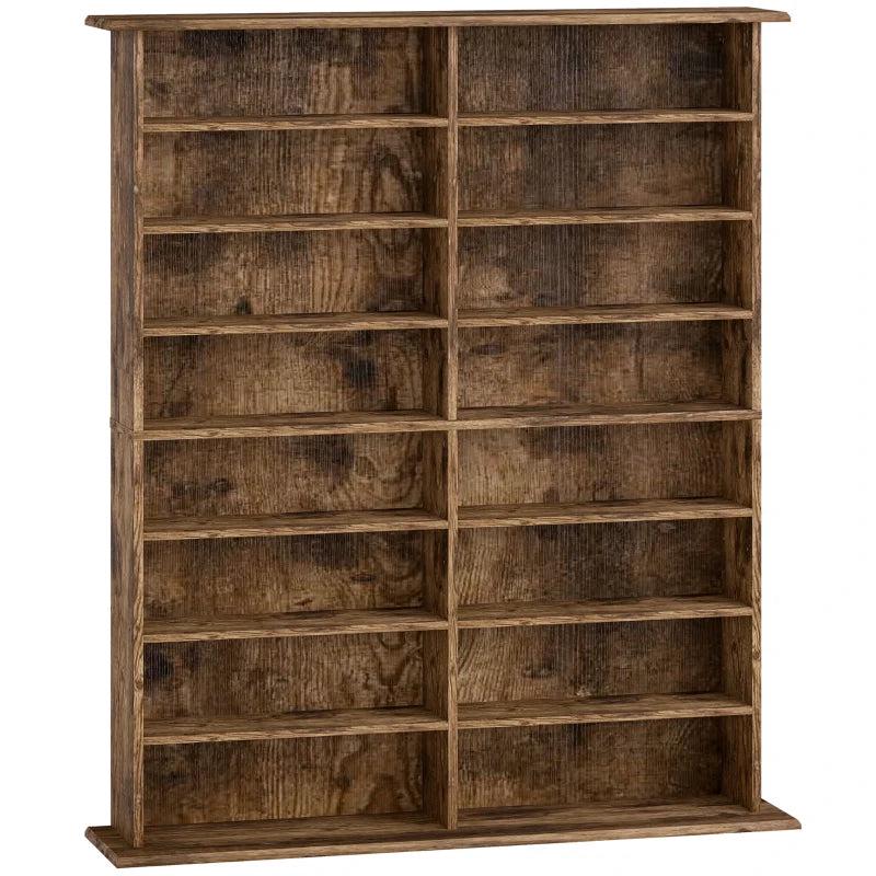 16-Compartment Rustic Brown Media Shelf - Stylish Storage Solution for DVDs, Games, and Books - Perfect for Home Decor