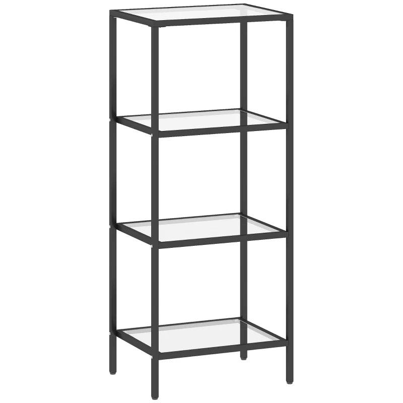 4-Tier Glass Shelving Unit - Stylish Vertical Storage Shelf for Living Room, Home Office, Bedroom & Bathroom - Black