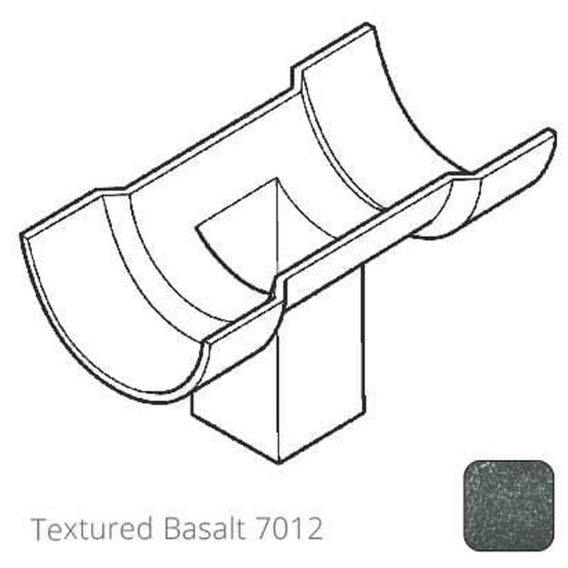 Alumasc 75x75 (3x3") square outlet Cast Aluminium Half Round 115mm (4.5") Gutter Running Outlet - Double Socket - Textured 7012 Basalt
