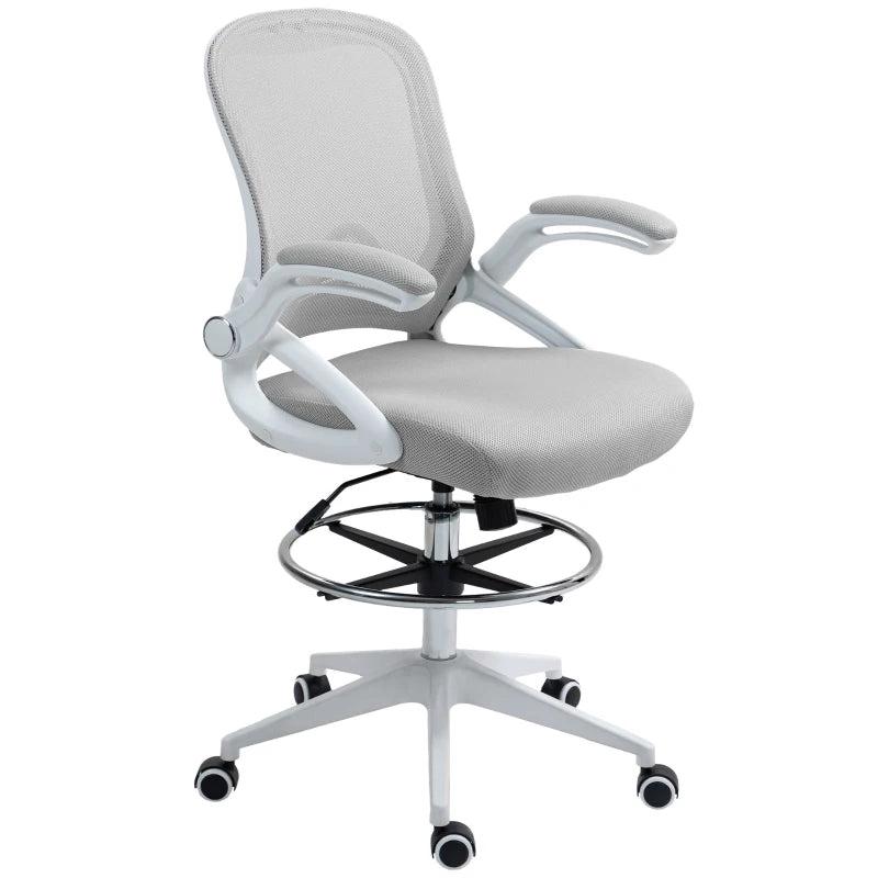 Vinsetto Height Adjustable Drafting Chair with Flip-up Armrest, Mesh Office Stool, 360 Swivel for Standing Desk - Light Grey