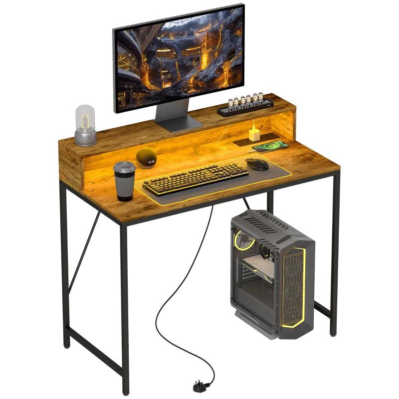 100cm Rustic Brown Computer Desk with LED Lights & Power Outlets, Gaming Table with Monitor Stand & Remote for Home Office