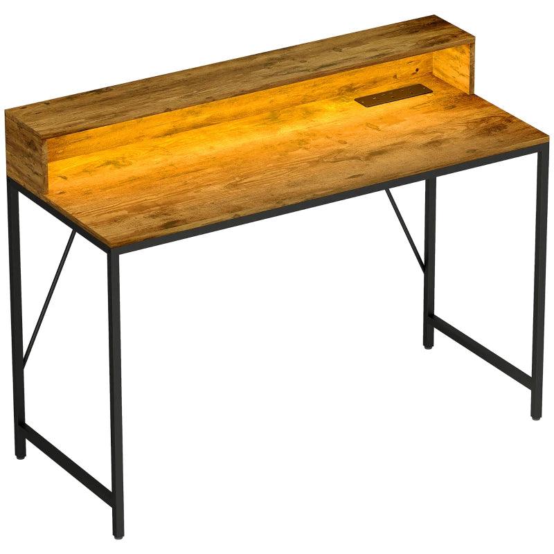 120cm Rustic Brown Computer Desk with LED Lights & Power Outlets, Gaming Table with Monitor Stand & Remote for Home Office