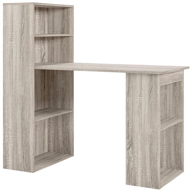 120cm Wooden Computer Desk with 6-Tier Bookshelves - Grey Home Office Laptop Table & Writing Workstation