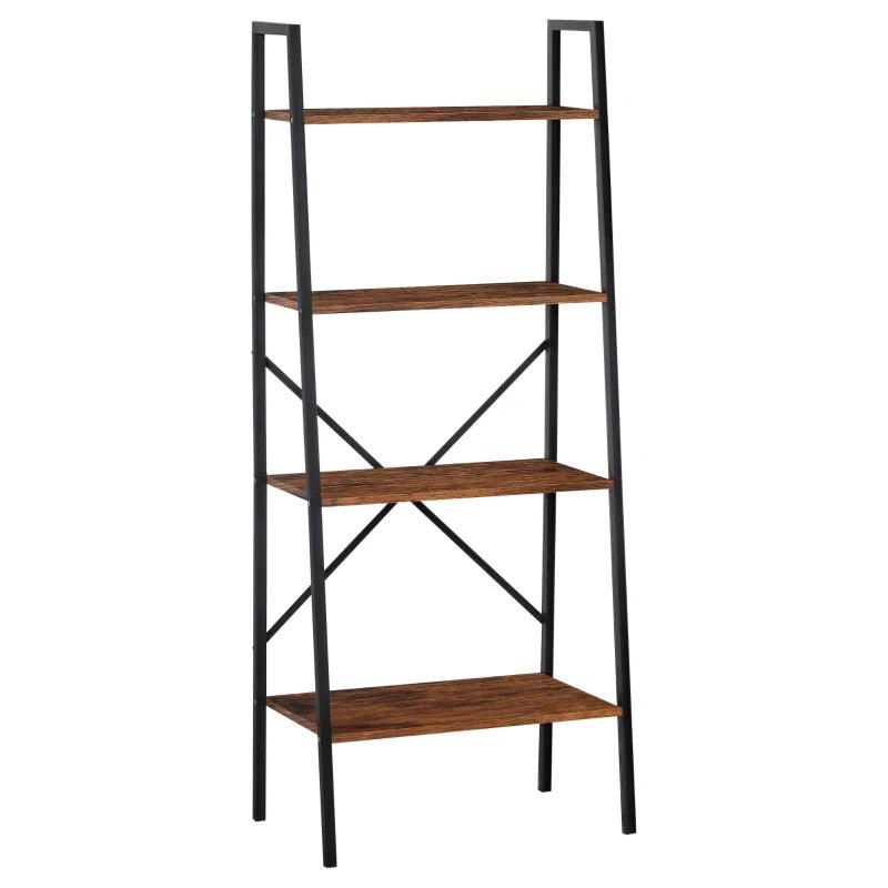 4-Tier Industrial Ladder Shelf - Rustic Brown & Black Bookshelf for Living Room, Bedroom, Kitchen Storage Rack
