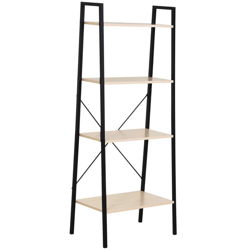 4-Tier Industrial Ladder Shelf - Stylish Oak & Black Bookshelf for Living Room, Bedroom, Kitchen Storage