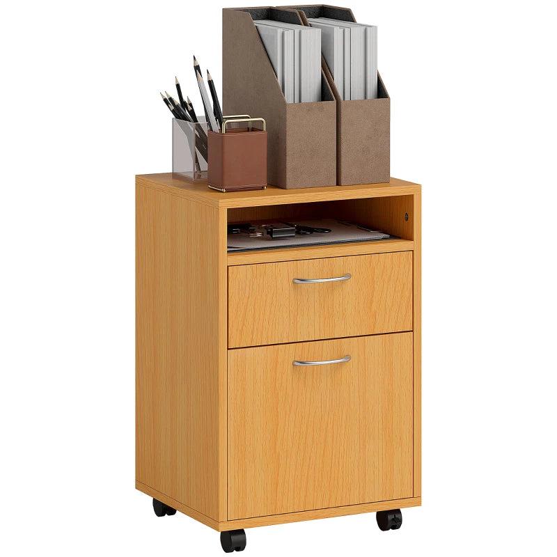 60cm Mobile Filing Cabinet with Drawer & Open Shelf, 4 Wheels, Metal Handles - Natural Wood Finish for Office & Home