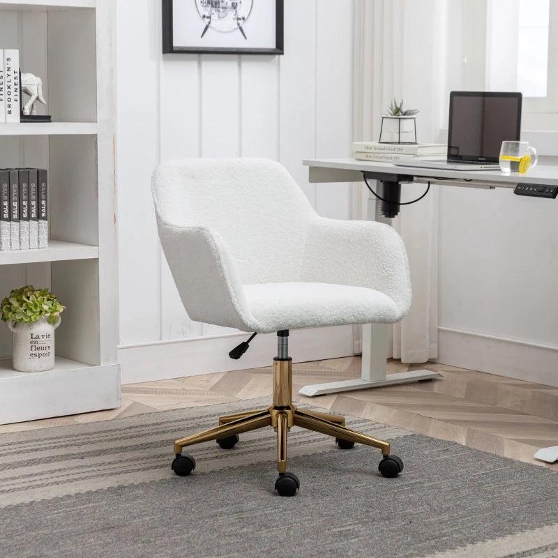 Adjustable Height Swivel Executive Office Chair with Gold Legs, Ergonomic Backrest, White Teddy Fabric, 58x58x86 cm
