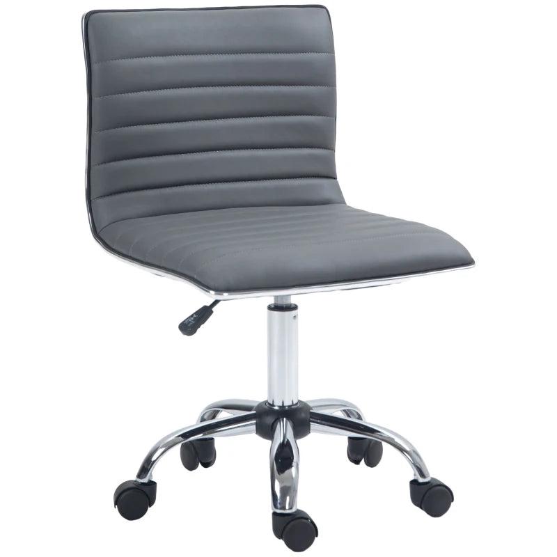 Armless Swivel Task Desk Chair - Adjustable Faux Leather Office Chair with Chrome Base & Wheels - Dark Grey