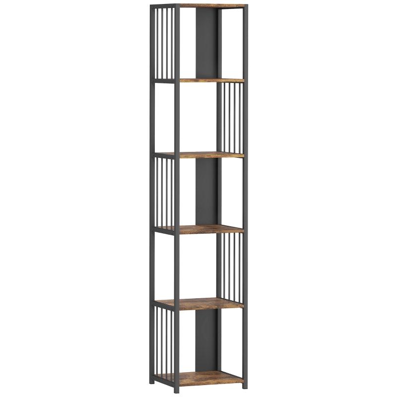 Rustic Brown 5-Tier Bookshelf with Steel Frame - Industrial Style Storage Shelf for Home or Office