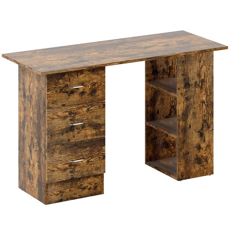 Rustic Brown Computer Desk with 3 Storage Shelves & Drawers, Stylish Writing Table for Home Office, Silver Handle PC Workstation