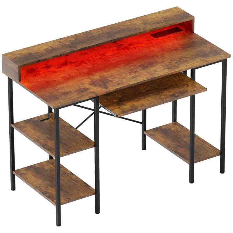 Rustic Brown Computer Desk with LED Lights & Power Outlets - 120x55 cm Gaming Desk with Monitor Stand & Storage Shelves