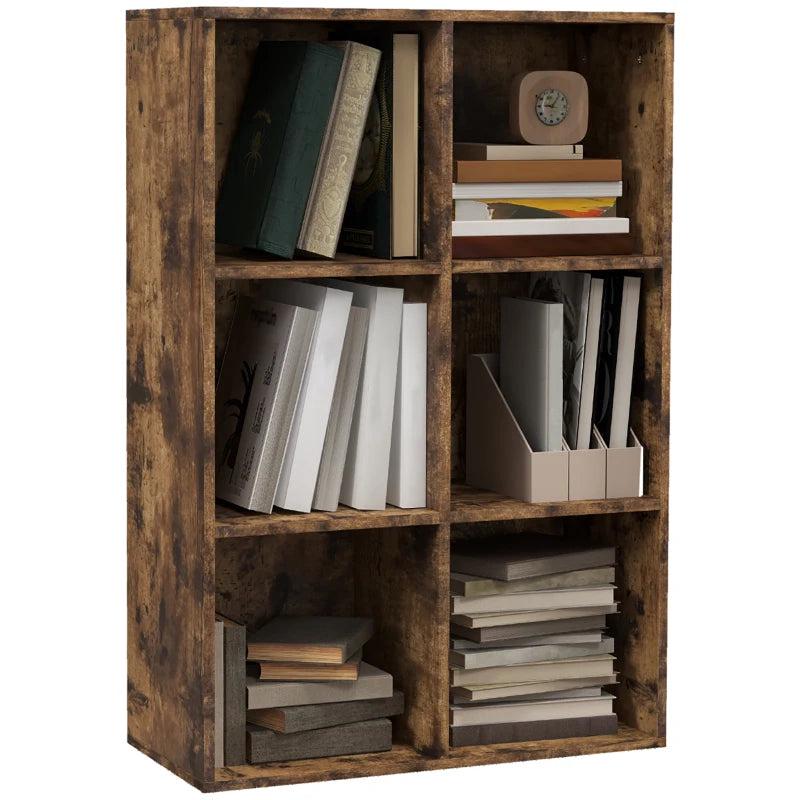 Rustic Brown Six-Cube Bookcase - Stylish Storage Solution for Home & Office, Versatile Wood Effect Design