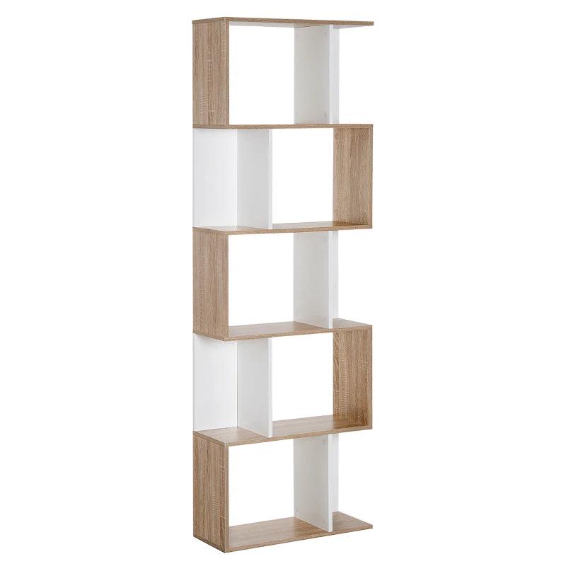 S-Shaped Wooden Bookcase - 5/6 Tier Freestanding Oak & White Bookshelf for Home Office Storage & Display, 24D x 60W x 184.5H