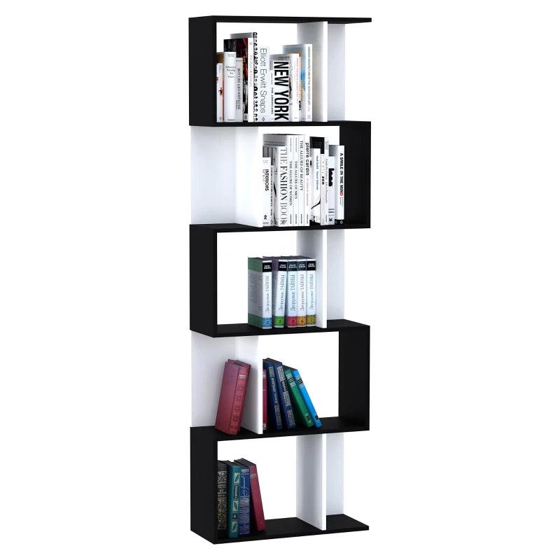 S-Shaped Wooden Bookcase - 5/6 Tier Freestanding Storage Shelf for Home Office - Black & White Decorative Display Rack