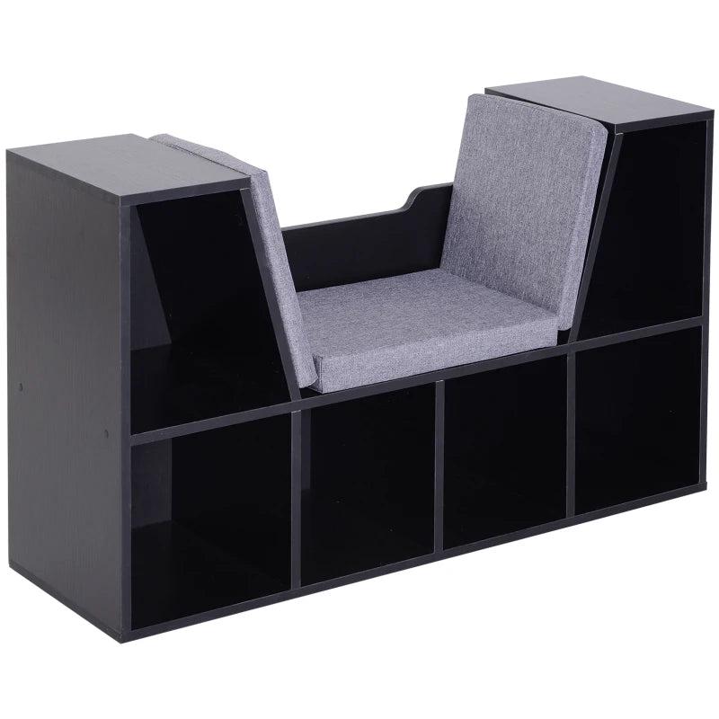 Stylish Black Bookcase Storage Shelf with Cushioned Reading Seat - Cube Bookshelf Organizer for Bedroom & Living Room