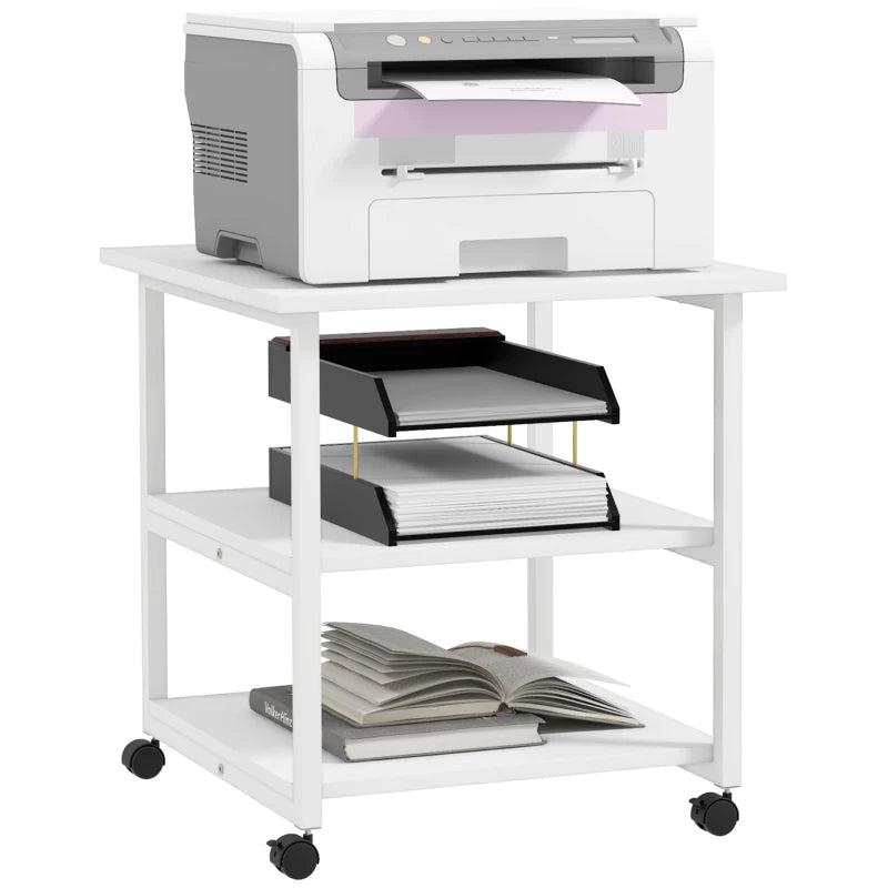 Three-Tier White Steel Printer Stand on Wheels - Mobile Storage Solution for Home Office & Workspace Organization